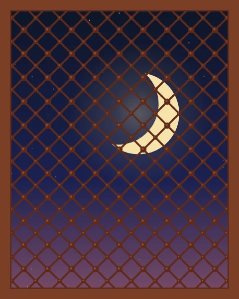 A large crescent and stars seen through a wooden lattice screen of turned spindles and beads, set in a plain wooden frame.