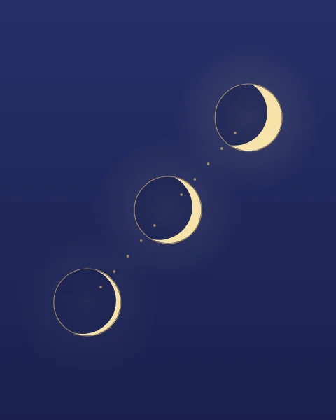 Three moons on indigo, each with its dark disc ringed in gold, stepping across the sheet. The lit crescent, on the right-hand side, grows a little fuller from one to the next.