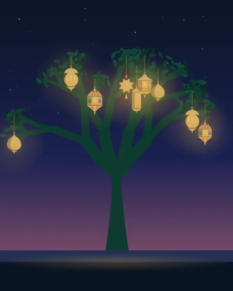 A spreading courtyard tree in deep green silhouette against a night sky turning plum at the horizon, its branches hung with small glowing lanterns of many shapes above a low wall.