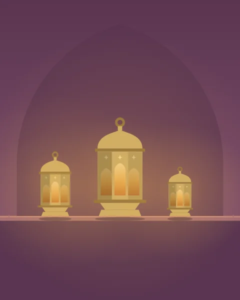 Three brass standing lanterns of different heights glow on a ledge in front of a soft arched recess in a dusky mauve wall.