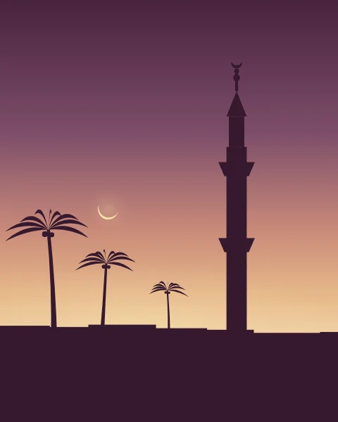 A tall minaret and three date palms stand in silhouette against a sunset that runs from plum to soft gold, with a thin crescent in the glow above the horizon.
