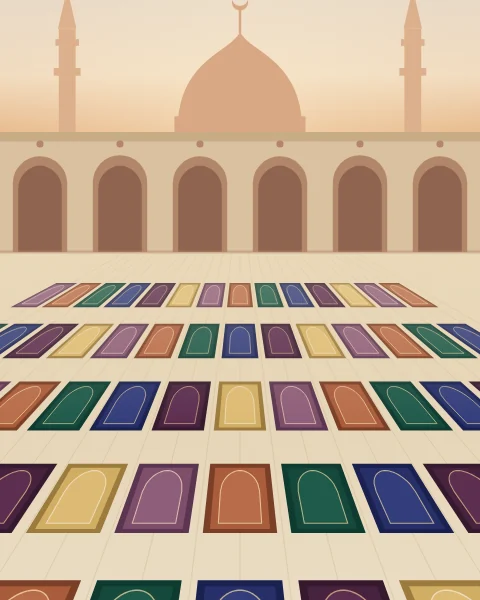 A mosque courtyard at dawn. Rows of prayer mats recede across the stone towards an arcaded wall, with a dome and two minarets against a peach sky.