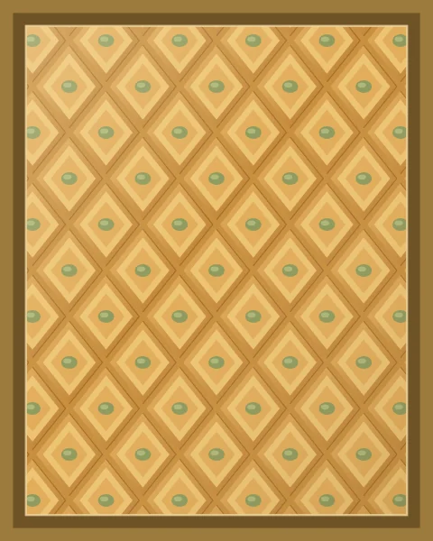 A tray of baklava from above, cut into a lattice of golden diamonds with a pistachio at the centre of each.