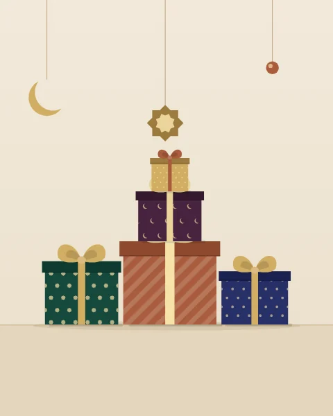 A stack of wrapped boxes on a bone ground, in emerald, terracotta, indigo and plum papers patterned with stars, stripes and crescents, each tied in gold ribbon.