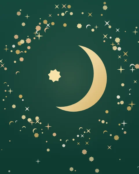 A gold crescent with a small star in its curve, set in a loose burst of confetti stars, sparks and dots on deep emerald.