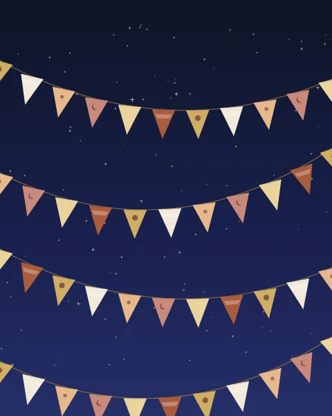 Strings of triangular pennants in gold, bone, peach and terracotta swag across a starry night sky, some marked with small stars, crescents and bands.