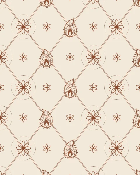 An allover pattern in fine henna-brown line on bone: paisleys, open flowers and rings of dots linked by dotted trellis lines.