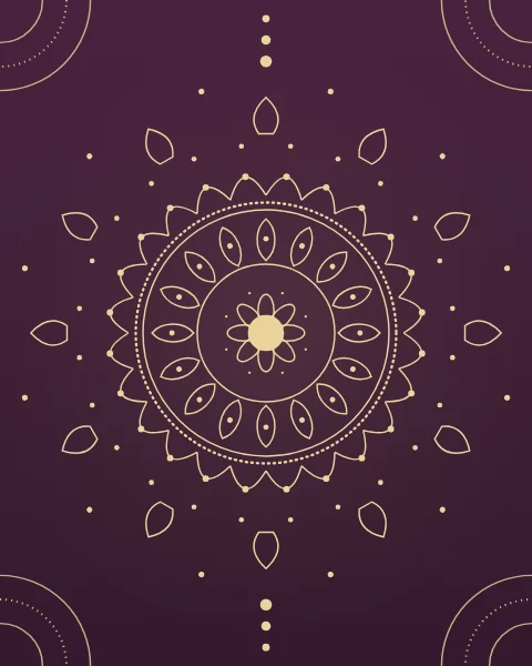 A round mehndi-style medallion in fine gold line on deep plum, built from a central flower, rings of teardrops, scallops and dots, with quarter fans in the corners.
