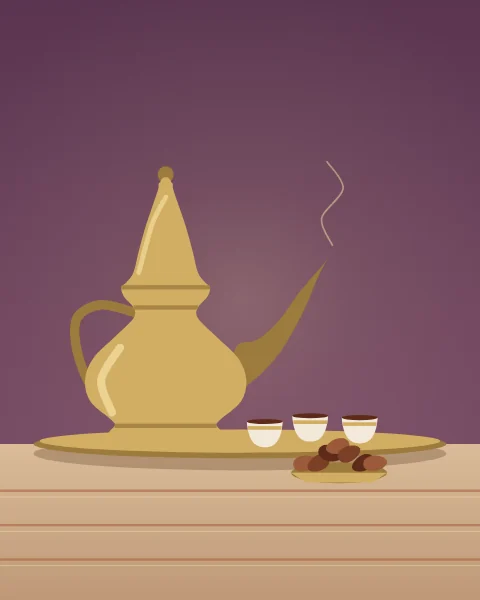 A brass dallah coffee pot, three small handleless cups and a dish of dates on a low tray, against a dusky plum wall over a striped cloth.