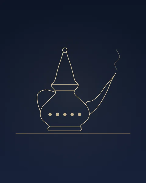 A single dallah coffee pot drawn in fine gold line on midnight blue, with its long beak spout and curved handle, a band of small stars on its belly and a thin curl of steam.