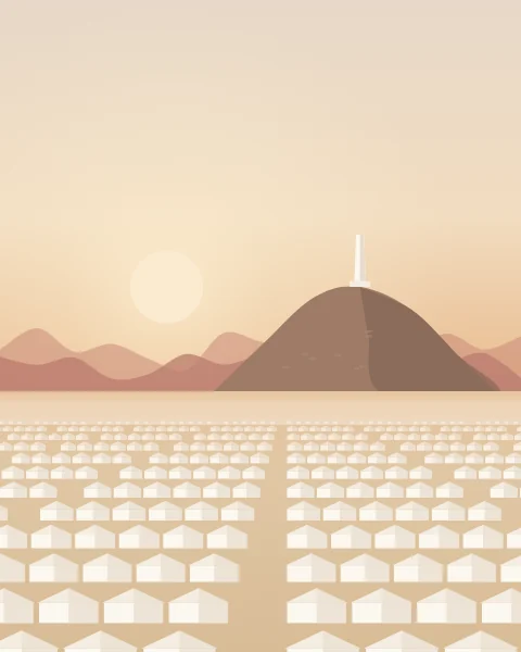 Morning over the plain of Arafat. The rocky hill of Jabal al-Rahmah rises from the plain with its white pillar, and rows of white tents stretch across the ground below.