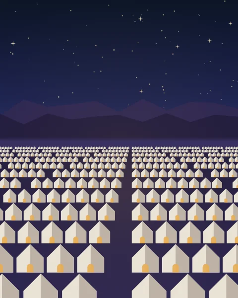 Rows of white peaked tents fill a valley at night, small doorways glowing amber, under dark mountains and a sky of stars.
