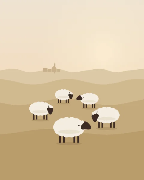 A small flock of sheep grazing on layered golden hills, with a distant village on a ridge and a pale sun low in a morning sky.