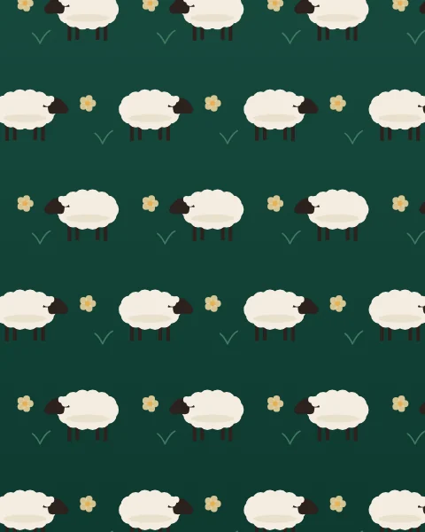 An allover repeat of small woolly sheep on deep emerald, facing left and right in alternate rows, with little gold flowers and blades of grass between them.
