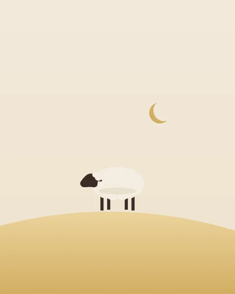 A single lamb grazing on the crest of a low gold hill against a bone sky, with a small gold crescent above.
