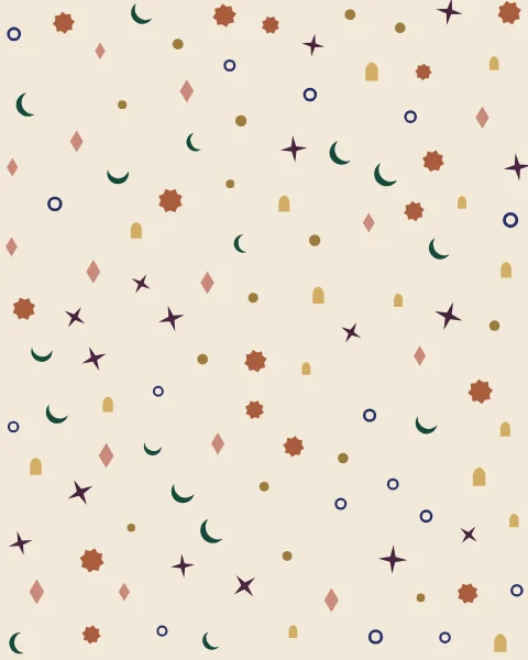 Small stars, crescents, sparks, arches and dots scattered evenly across a bone ground in terracotta, gold, plum, emerald and indigo.