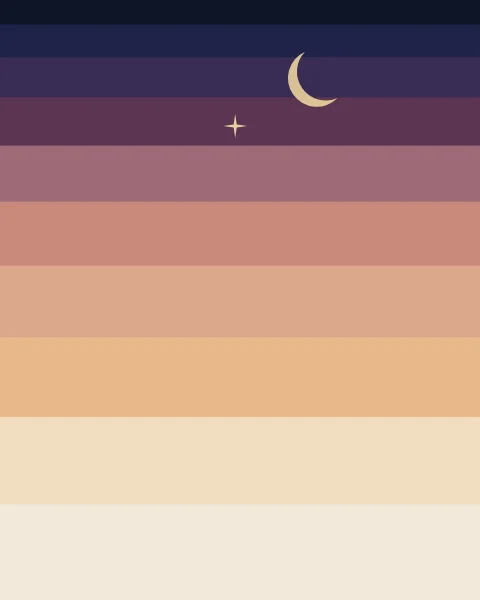 Dusk drawn as ten flat bands of colour, from midnight at the top through plum and rose to pale bone at the horizon, with a thin gold crescent and an evening star.
