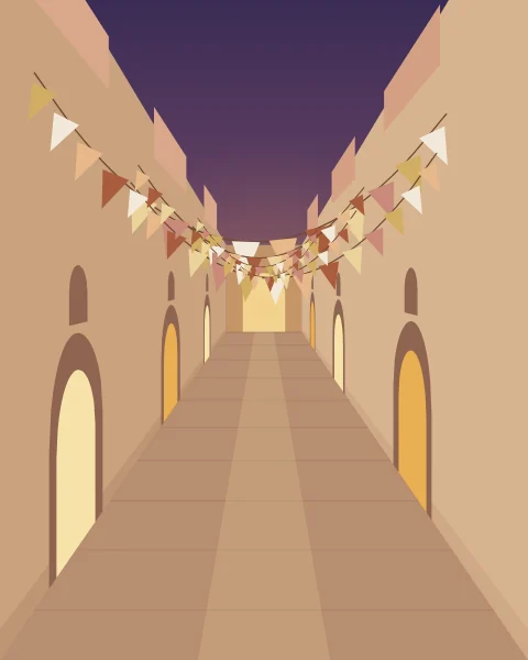 A narrow lane between stone houses at dusk, strung across with bunting. Arched doorways glow along both walls and a lit gateway closes the far end.