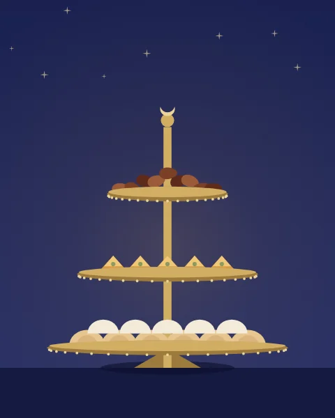 A three-tier brass stand on indigo holding maamoul, baklava and a heap of dates, topped with a small crescent and surrounded by faint sparks.