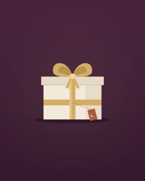 A single bone-coloured box tied with a gold ribbon and bow, set low on a plain plum ground.