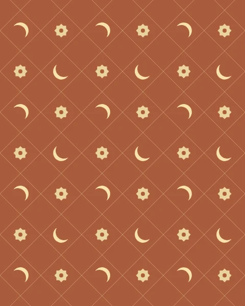 A wrapping-paper repeat on terracotta: pale crescents and gold eight-point stars alternate within a fine gold diagonal lattice.