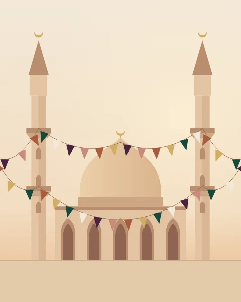 A domed mosque with two minarets on a pale morning, bunting strung from the balconies of the minarets to the dome and out to the edges.