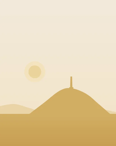 The hill of Jabal al-Rahmah with its pillar, drawn as a single gold silhouette under a wide bone sky with a small sun.