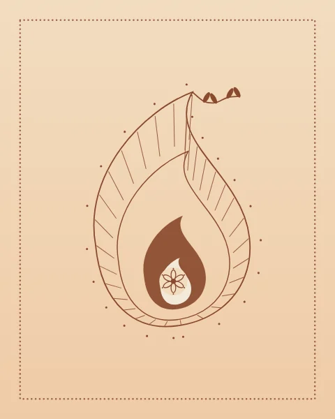 One large paisley drawn in henna-brown line on soft peach, layered with outlines, fine veins and scalloped dots, with a small vine curling from its tip.