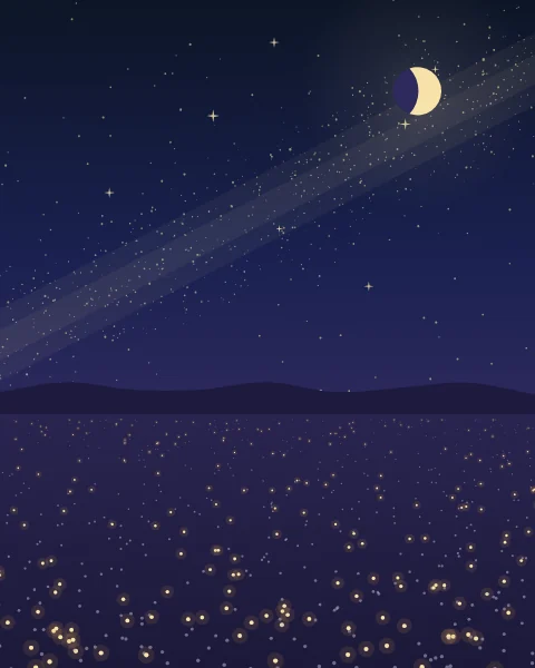 A wide plain at night under a sweep of stars and a half moon. Small warm lights and pale points are scattered across the ground towards low dark hills.