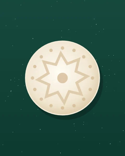 A single round kahk biscuit, thickly dusted with sugar and stamped with an eight-point star, shown large on deep emerald.