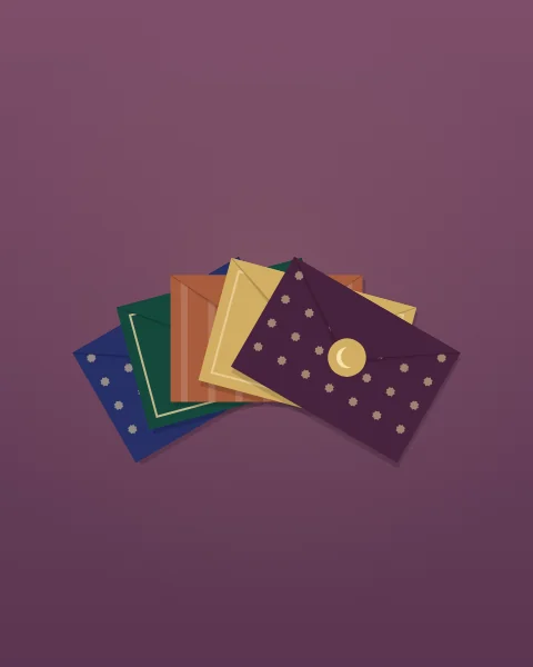 Five patterned envelopes in indigo, emerald, terracotta, gold and plum, fanned out on dusky plum, each closed with a round seal and a small crescent.