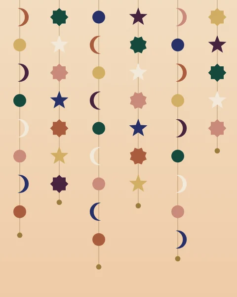 Strands of cut-paper crescents, eight-point stars, five-point stars and rounds hanging from the top edge at different lengths on soft peach.