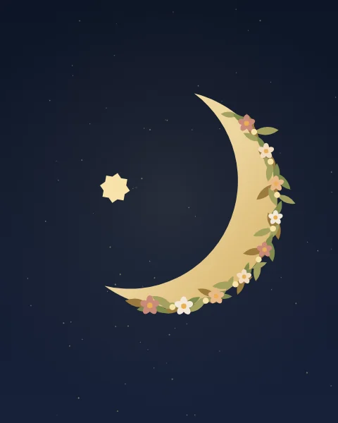 A gold crescent wreathed along its outer curve with olive and gold leaves and small peach and rose flowers, on a midnight sky scattered with stars.