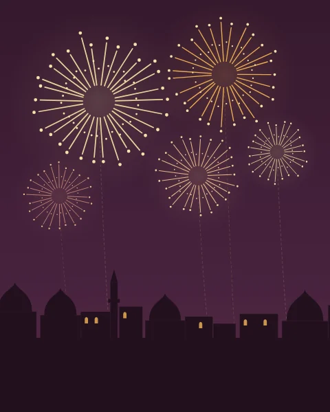 Bursts of gold, amber and rose fireworks over a low skyline of domes, minarets and flat roofs with lit windows, against a deep plum sky.