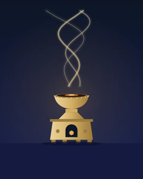 A brass incense burner on small feet, glowing at the cup, with three thin curls of smoke rising high into an indigo sky.