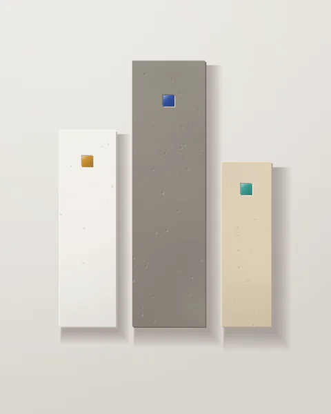 Three slabs of plaster, warm grey concrete and sand standing side by side at different heights, each with a single glazed tile in ochre, cobalt or turquoise.