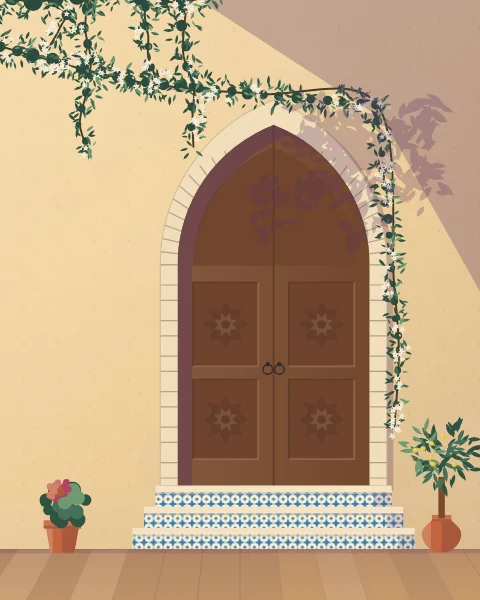 A carved wooden door at the top of three tiled steps, with jasmine trailing over the stone arch and leaf shadow across the wall.
