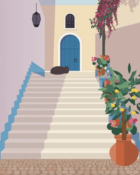 A narrow whitewashed lane climbing by a flight of steps to a blue door, with bougainvillea pouring over the sunlit wall and the far side in cool shade.