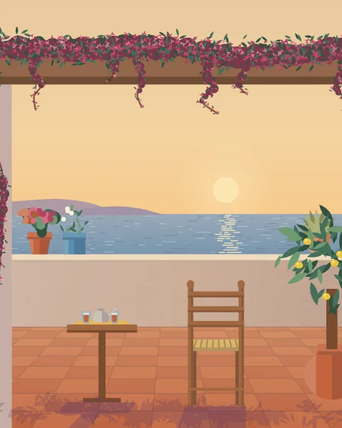 A tiled terrace in the last of the sun, with a rush-seated chair, a tray of tea on a small table and pots along the parapet above a calm sea.