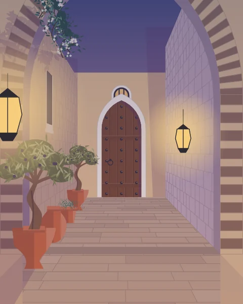 A stone passage at dusk, crossed by a striped pointed arch, with lanterns lit on the walls, potted olives along the side and a studded door at the end.