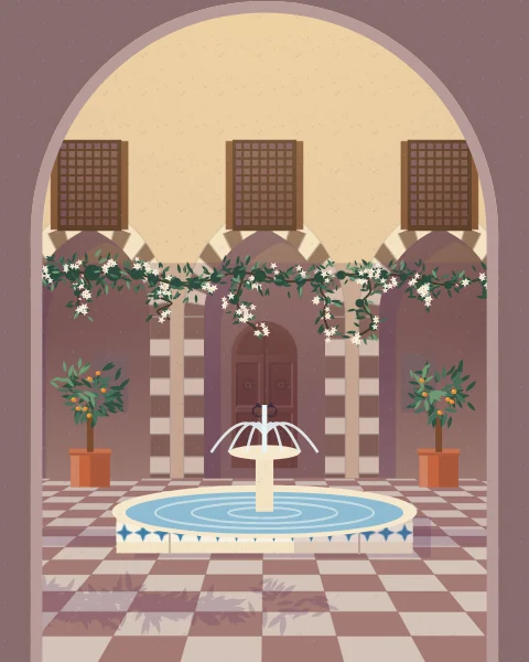 A courtyard seen from a shaded arch: a striped stone arcade, lattice windows above, jasmine along the arches and a tiled fountain in the middle.
