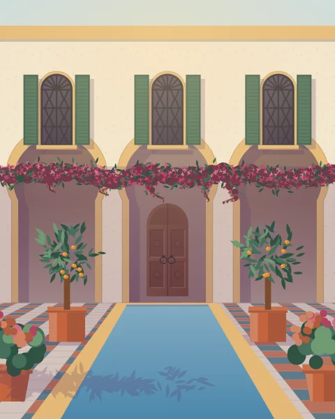 A long pool between orange trees in pots, leading to a doorway under an arcade of horseshoe arches, with bougainvillea along the gallery and green shutters above.