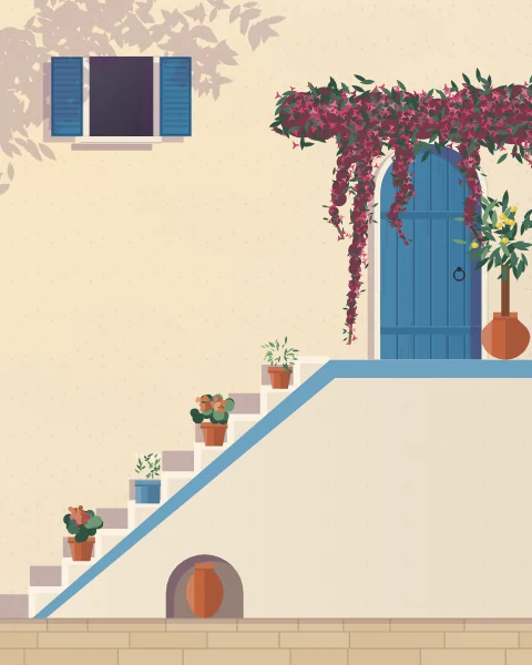 An outside stair of whitewashed steps with a blue band, pots on every other step, climbing to a blue door under a mass of bougainvillea.
