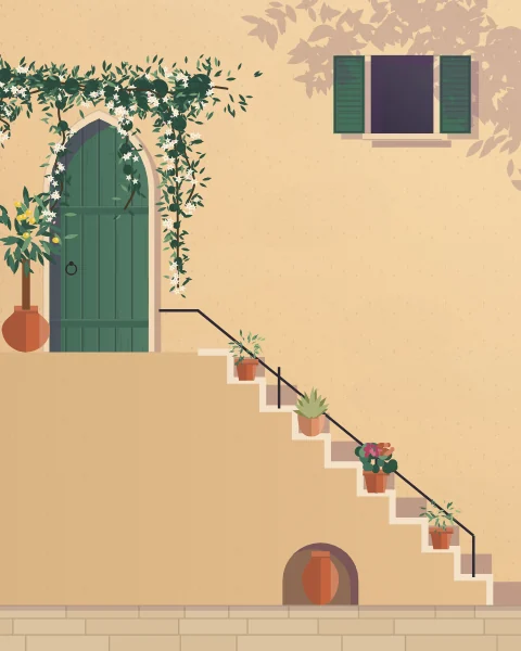 An ochre wall with a stone stair and a thin iron rail climbing to a green pointed door, with jasmine falling from above and a jar in the niche below.