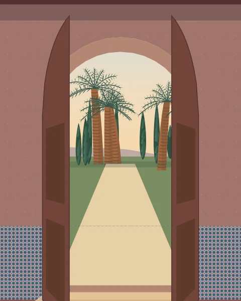 From a cool tiled room, two arched wooden doors stand open onto a sunlit garden path of palms and cypresses.