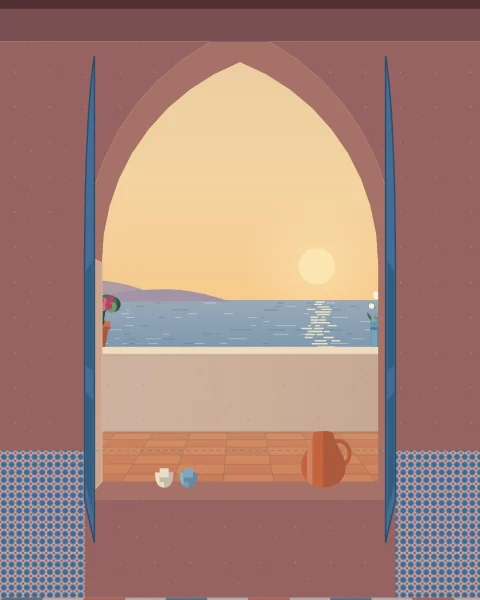 A quiet tiled room with a pointed window open to the sea, blue shutters folded back and a jug and cups on the sill in the evening light.