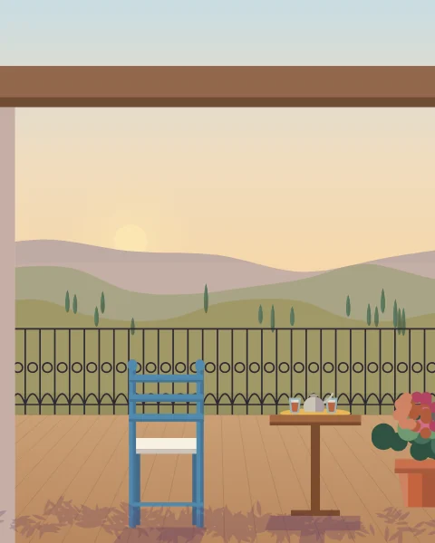 A wooden deck under a timber beam, a blue chair and a small table set for tea, looking over an iron rail to green hills and cypresses.