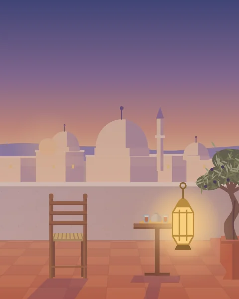 A roof terrace at dusk with a chair and a small tea table, a brass lantern lit beside an olive in a pot and a town of pale domes fading into the hills.