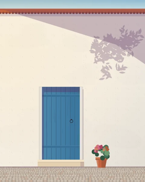 A blue plank door in a white wall at noon, one worn step, a single pot of geraniums and the sharp shadow of the eaves cutting across.