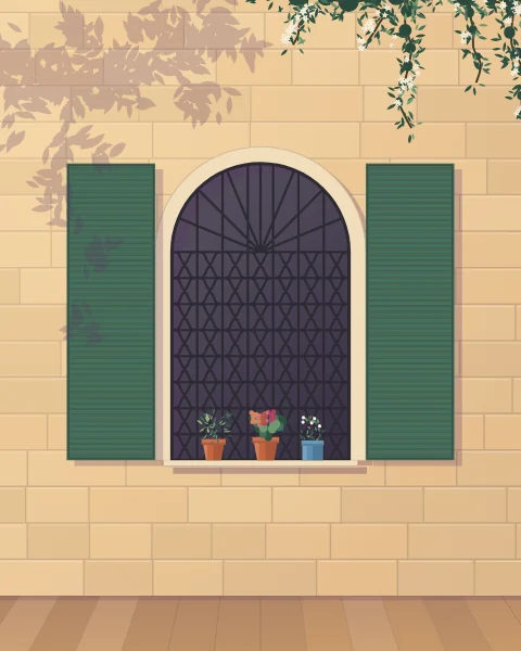 An arched window with a scrolled iron grille and green shutters folded back, pots of basil and geraniums on the sill and the grille’s shadow on warm stone.